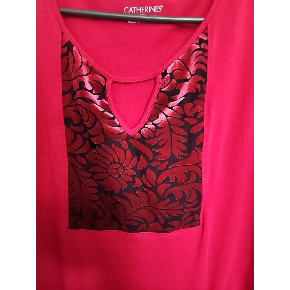 Catherines Red Knit Blouse Burnout Black Velvet Neckline 3/4 Sz 2X 22/24 W Tunic - Picture 2 of 12